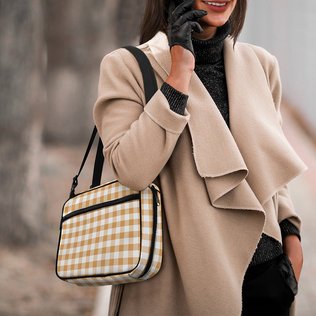 Brown And White Gingham Pattern Print Double Strap Bible Bag