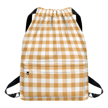 Brown And White Gingham Pattern Print Drawstring Backpack