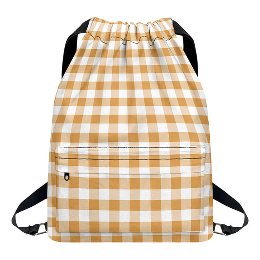 Brown And White Gingham Pattern Print Drawstring Backpack