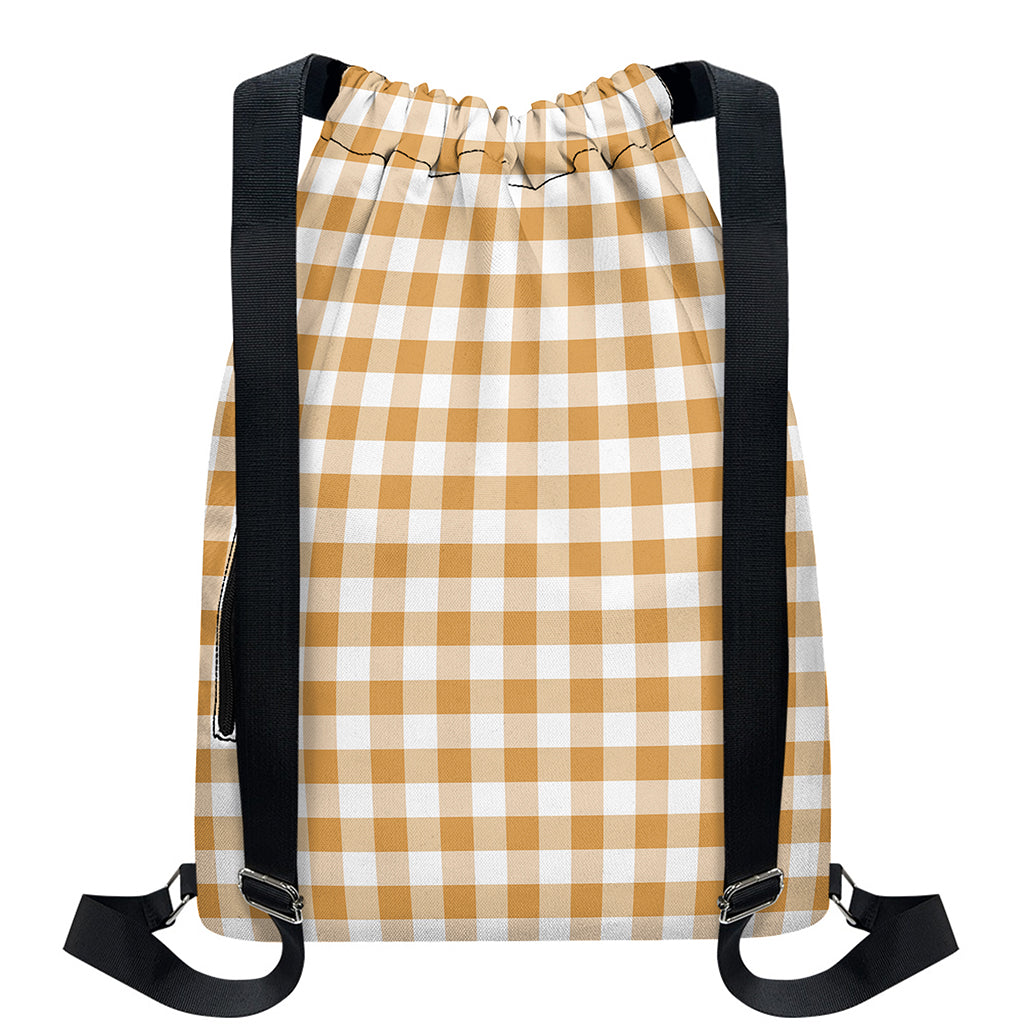 Brown And White Gingham Pattern Print Drawstring Backpack