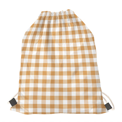 Brown And White Gingham Pattern Print Drawstring Bag