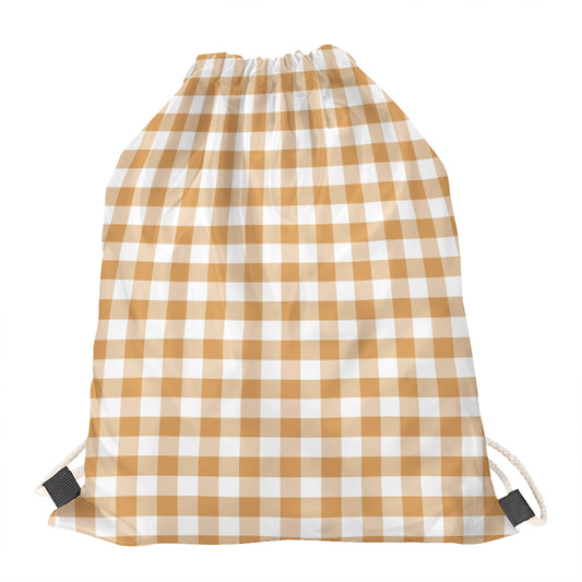 Brown And White Gingham Pattern Print Drawstring Bag