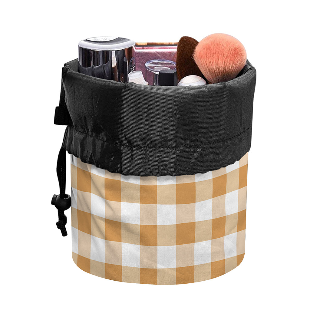 Brown And White Gingham Pattern Print Drawstring Makeup Bag
