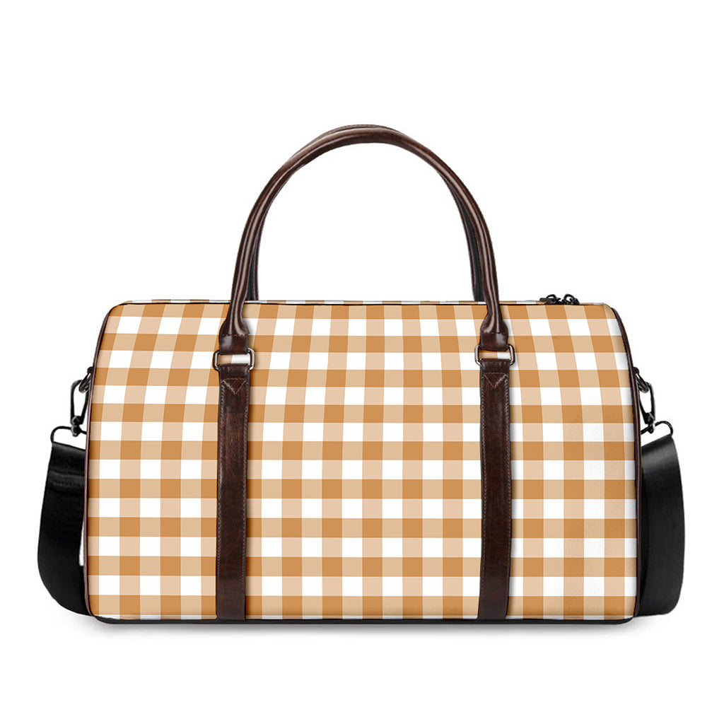 Brown And White Gingham Pattern Print Duffle Bag