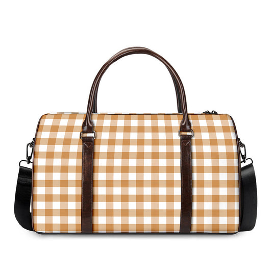 Brown And White Gingham Pattern Print Duffle Bag