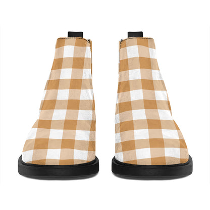 Brown And White Gingham Pattern Print Flat Ankle Boots