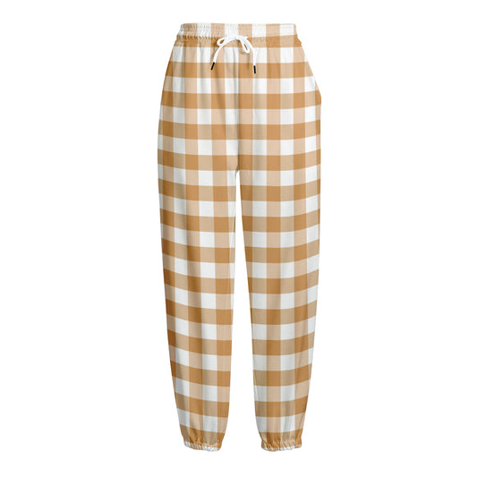 Brown And White Gingham Pattern Print Fleece Lined Knit Pants