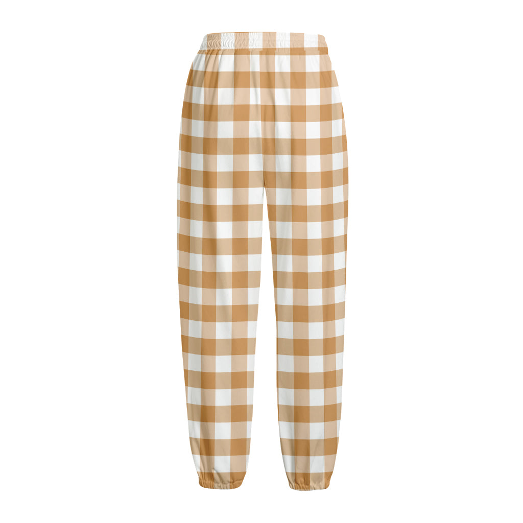 Brown And White Gingham Pattern Print Fleece Lined Knit Pants
