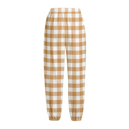 Brown And White Gingham Pattern Print Fleece Lined Knit Pants