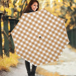 Brown And White Gingham Pattern Print Foldable Umbrella