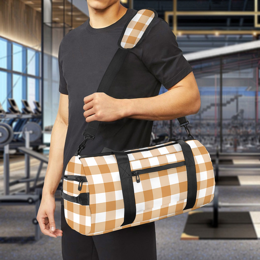 Brown And White Gingham Pattern Print Gym Bag