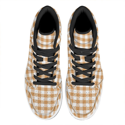 Brown And White Gingham Pattern Print High Top Leather Sneakers