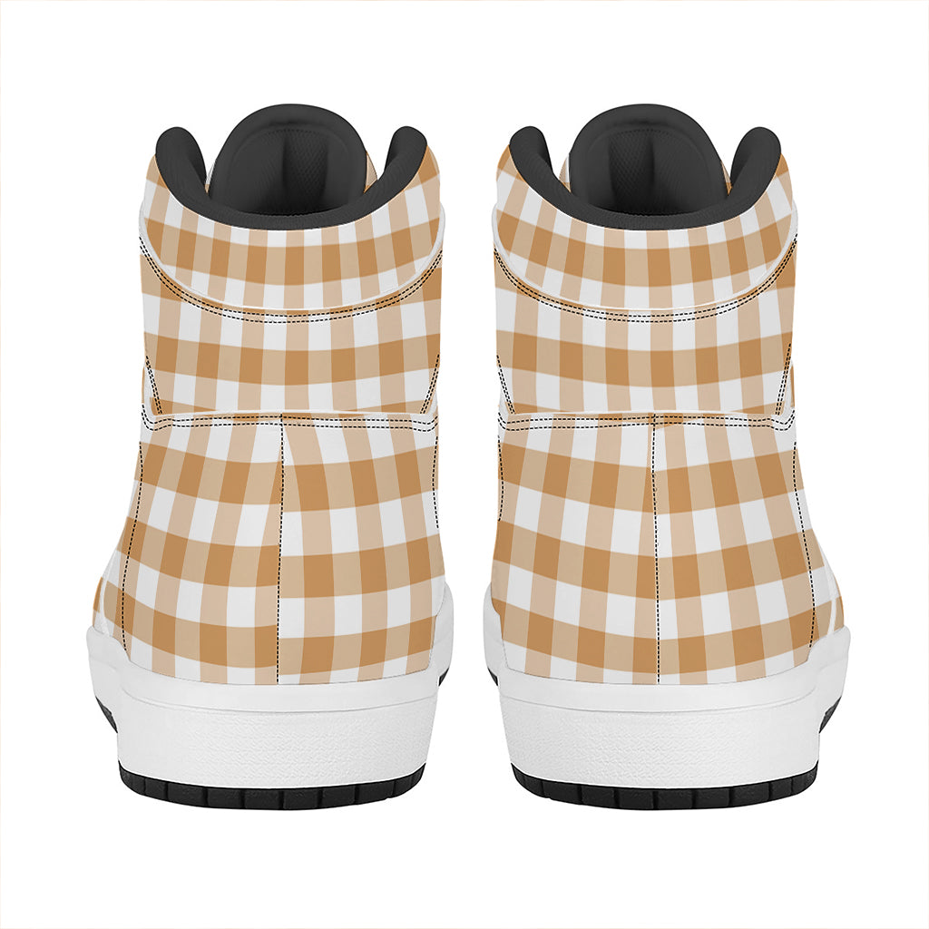 Brown And White Gingham Pattern Print High Top Leather Sneakers