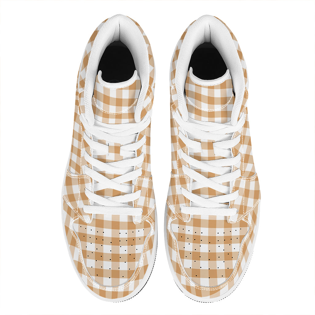Brown And White Gingham Pattern Print High Top Leather Sneakers