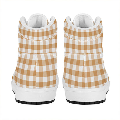 Brown And White Gingham Pattern Print High Top Leather Sneakers