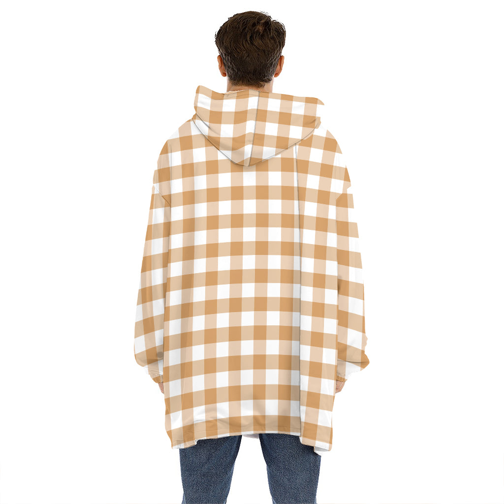 Brown And White Gingham Pattern Print Hoodie Blanket