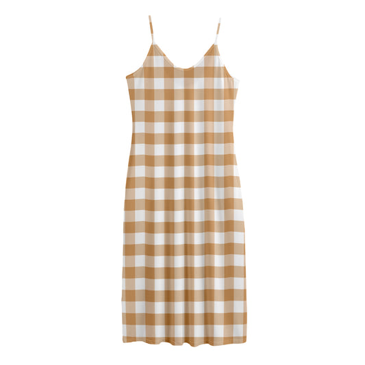 Brown And White Gingham Pattern Print Jersey Midi Cami Dress