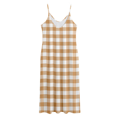 Brown And White Gingham Pattern Print Jersey Midi Cami Dress