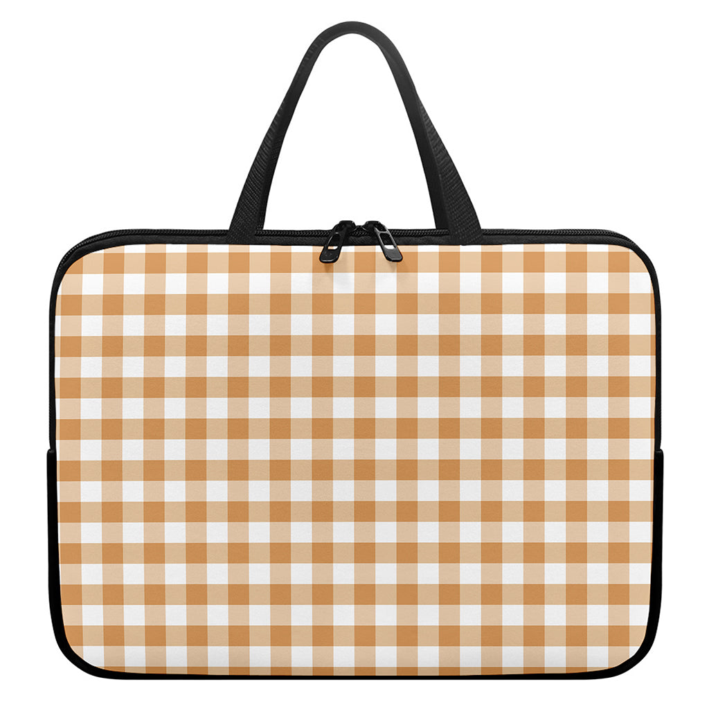Brown And White Gingham Pattern Print Laptop Sleeve With Handle