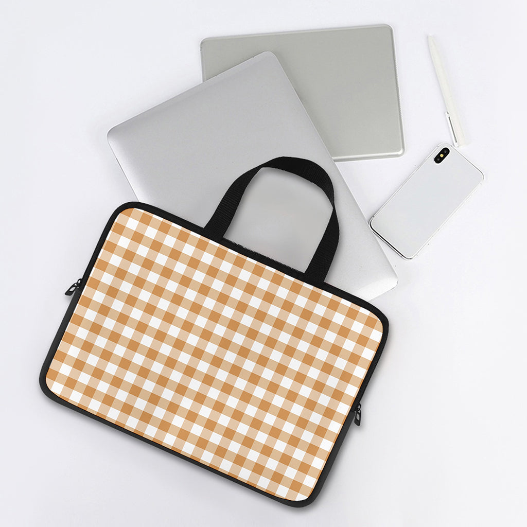Brown And White Gingham Pattern Print Laptop Sleeve With Handle