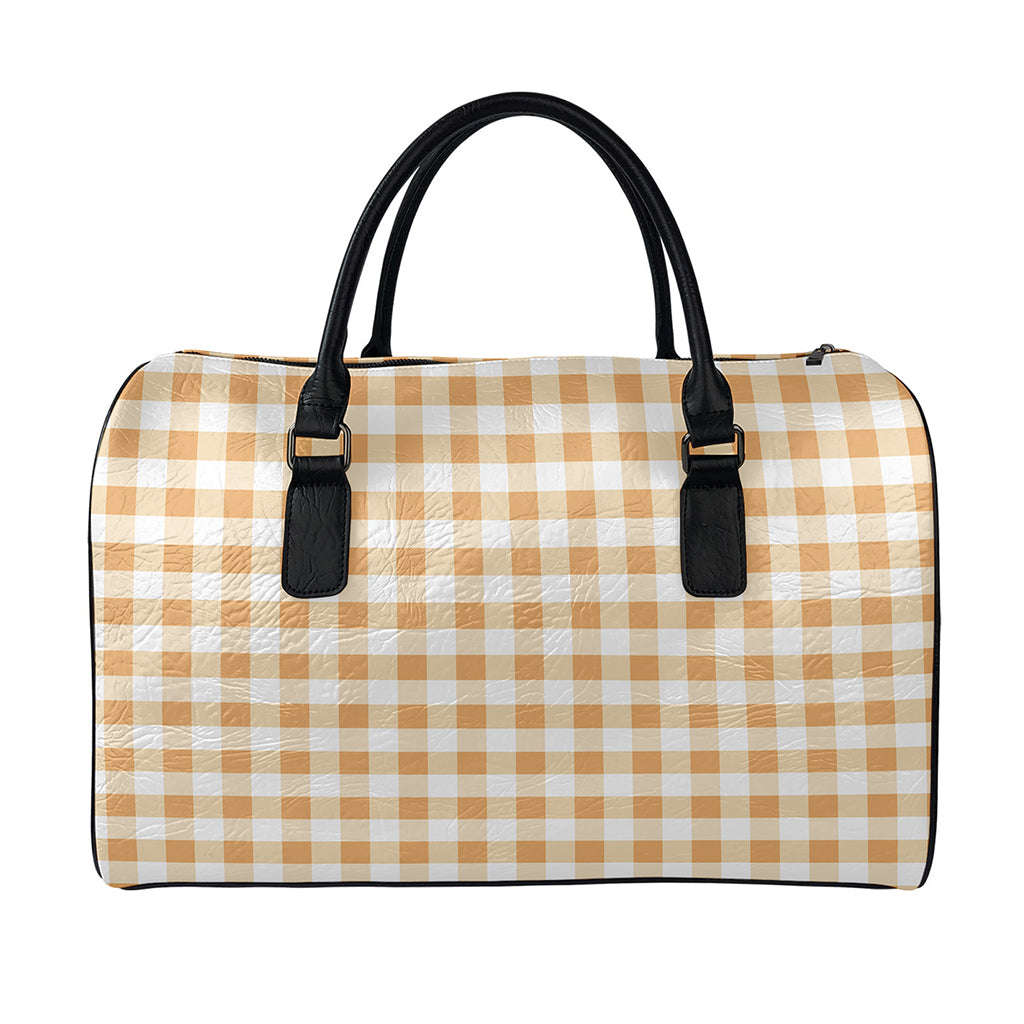 Brown And White Gingham Pattern Print Leather Duffle Bag