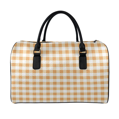 Brown And White Gingham Pattern Print Leather Duffle Bag