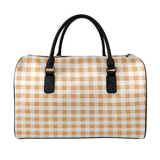 Brown And White Gingham Pattern Print Leather Duffle Bag