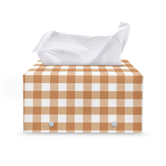 Brown And White Gingham Pattern Print Leather Tissue Box Cover