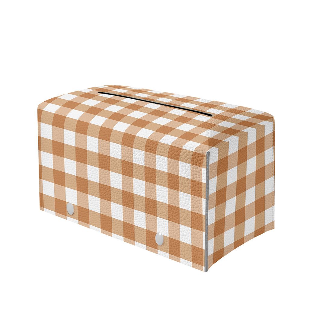 Brown And White Gingham Pattern Print Leather Tissue Box Cover