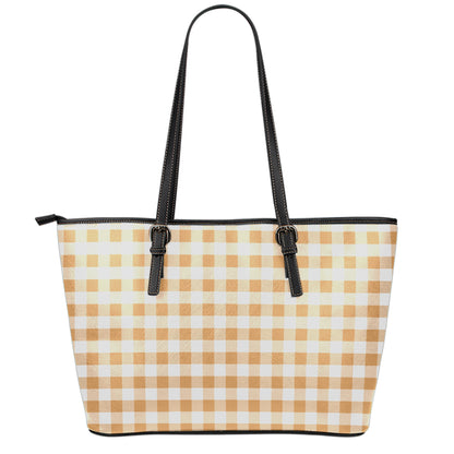 Brown And White Gingham Pattern Print Leather Tote Bag