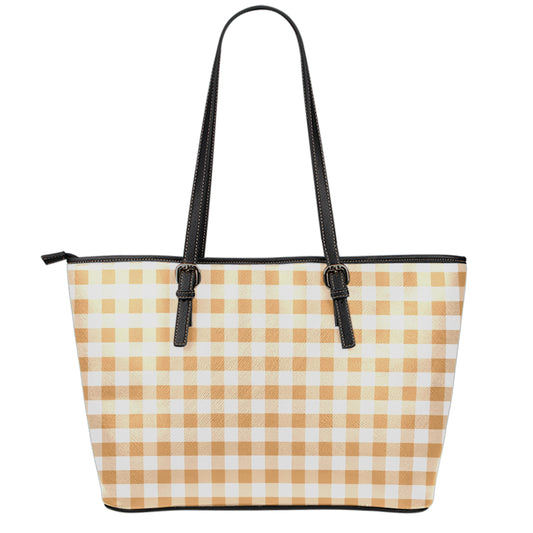 Brown And White Gingham Pattern Print Leather Tote Bag