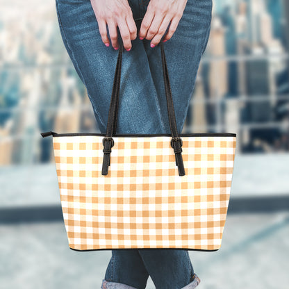 Brown And White Gingham Pattern Print Leather Tote Bag