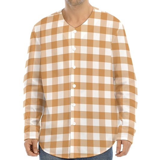 Brown And White Gingham Pattern Print Long Sleeve Baseball Jersey