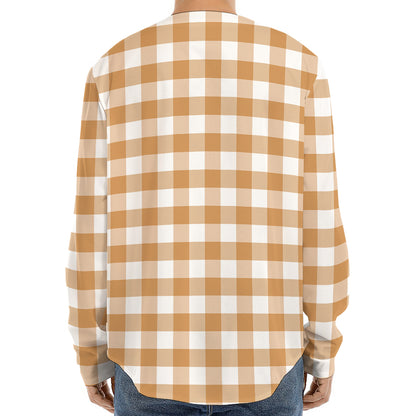 Brown And White Gingham Pattern Print Long Sleeve Baseball Jersey