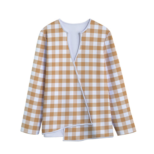 Brown And White Gingham Pattern Print Long Sleeve Short Coat