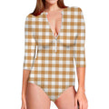 Brown And White Gingham Pattern Print Long Sleeve Swimsuit