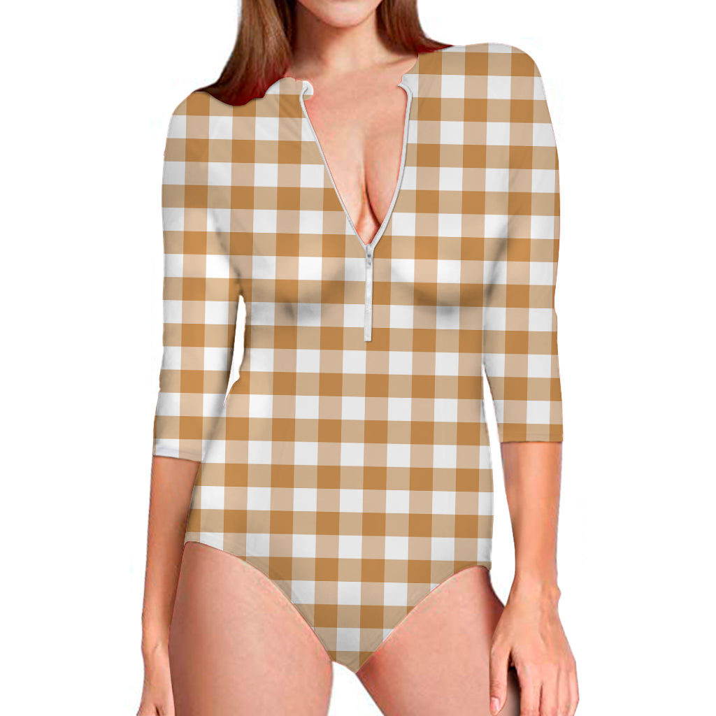 Brown And White Gingham Pattern Print Long Sleeve Swimsuit