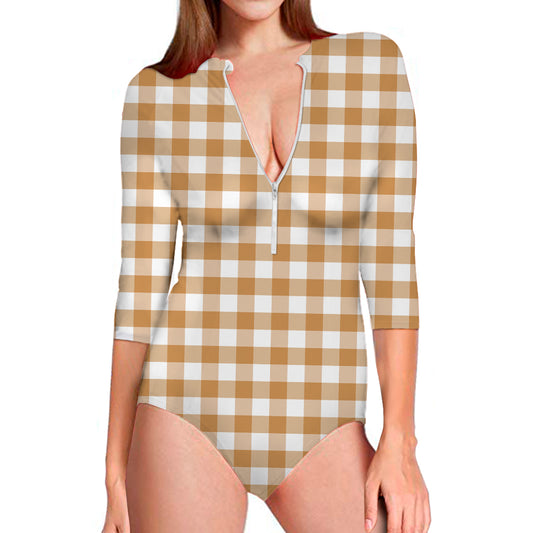 Brown And White Gingham Pattern Print Long Sleeve Swimsuit