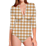 Brown And White Gingham Pattern Print Long Sleeve Swimsuit