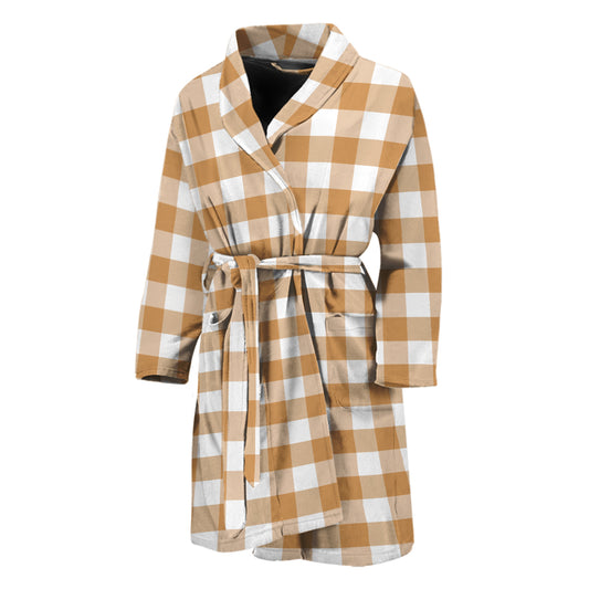 Brown And White Gingham Pattern Print Men's Bathrobe
