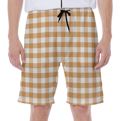 Brown And White Gingham Pattern Print Men's Beach Shorts