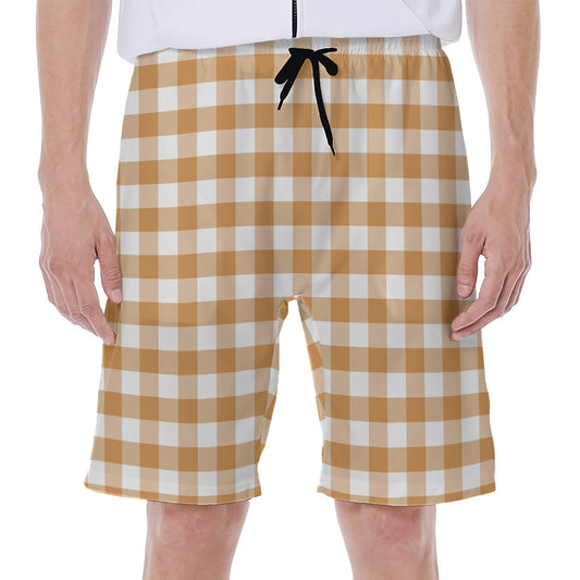Brown And White Gingham Pattern Print Men's Beach Shorts