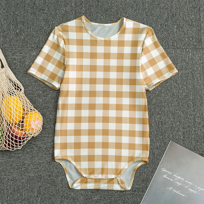 Brown And White Gingham Pattern Print Men's Bodysuit