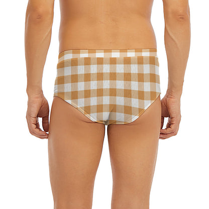 Brown And White Gingham Pattern Print Men's Briefs