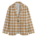 Brown And White Gingham Pattern Print Men's Cotton Blazer