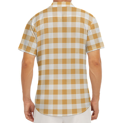 Brown And White Gingham Pattern Print Men's Deep V-Neck Shirt