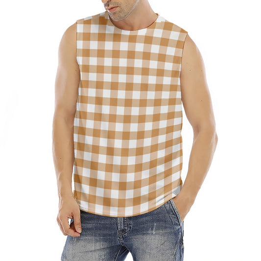 Brown And White Gingham Pattern Print Men's Fitness Tank Top