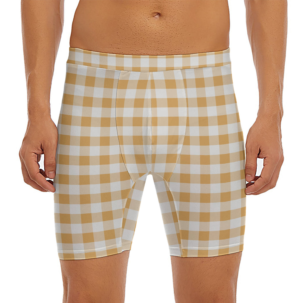 Brown And White Gingham Pattern Print Men's Long Boxer Briefs