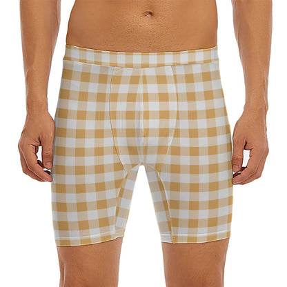 Brown And White Gingham Pattern Print Men's Long Boxer Briefs