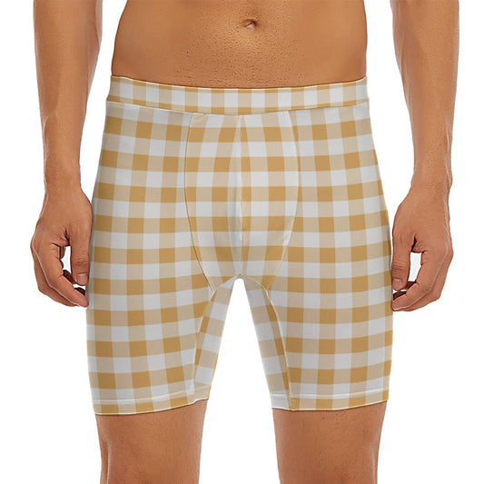Brown And White Gingham Pattern Print Men's Long Boxer Briefs